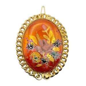 Cloisonné orange painted enamel flowers oval gold tone brooch pin or pendant